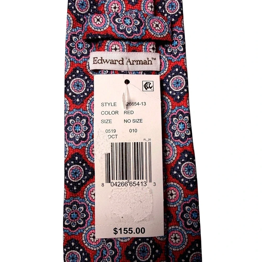 Edward Armah 100% Geo Silk Tie Red and Blue Pattern NWT